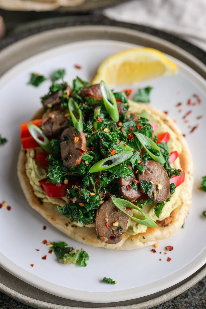 Image of Avocado Hummus Toast with Miso Mushroom and Kale Sauté