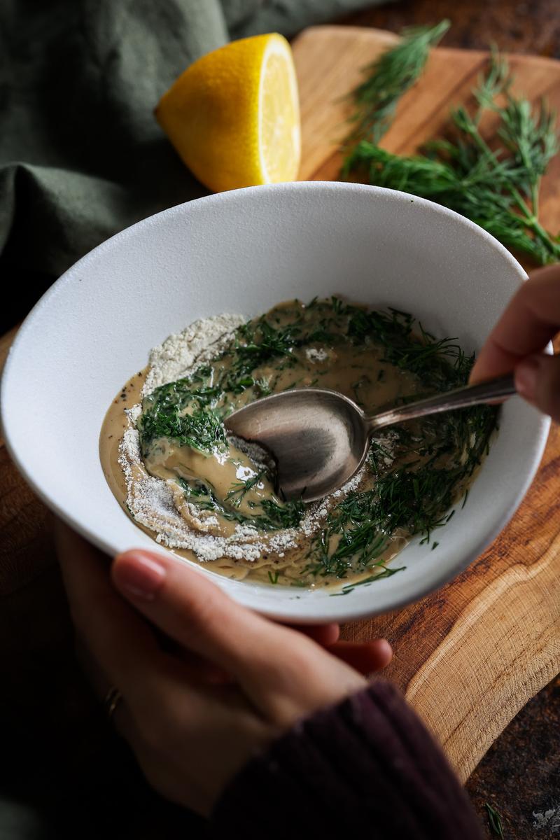 Process image of Potato Crisps with Creamy Tahini Dill Dip